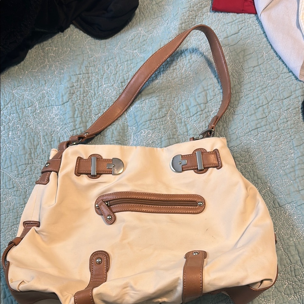 Etienne Aigner Cream and Brown Hobo style Shoulder Bag with Leather Accents